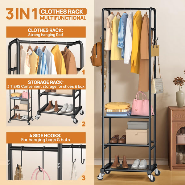 Freestanding Clothes Rack with Wheels & 3 Shelves