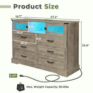 6 Drawer Dresser with LED Lights and Charging Station – Farmhouse Chest of Drawers, Rustic Oak