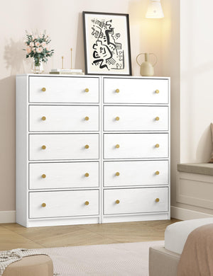 5-Drawer Fabric Dresser with Wood Top – White Storage Tower