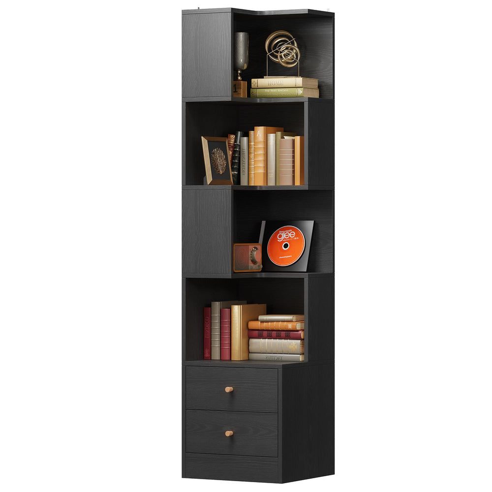 IRONCK Corner Bookshelf, 70.87" Tall Corner Bookcase with Drawers, Corner Shelf Storage Display Rack for Living Room Home Office, Black