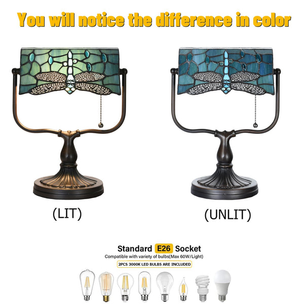 Dragonfly Tiffany Banker Desk Lamp – Stained Glass Green Shade