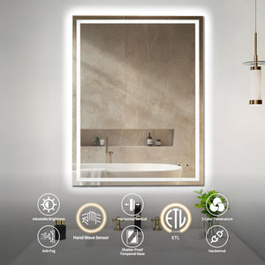 LED Bathroom Vanity Mirror with Lights, Anti-Fog, Dimmable, Hand Wave, Tempered Glass