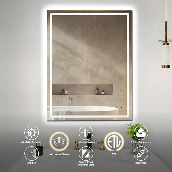 LED Bathroom Vanity Mirror with Lights, Anti-Fog, Dimmable, Hand Wave, Tempered Glass