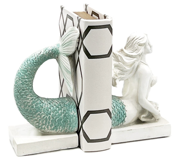 Mermaid Bookends Antique White Shelf Decor 9 Inch