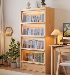 Tall Solid Wood Bookcase with Glass Doors and LED Lights