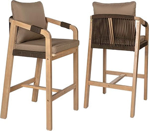 Acacia Wood Outdoor Bar Stools with Cushions & Armrests (Set of 2)