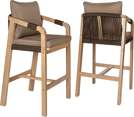 Acacia Wood Outdoor Bar Stools with Cushions & Armrests (Set of 2)