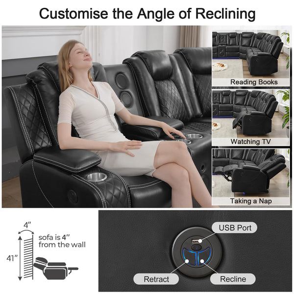 Power Reclining Sectional Sofa – Grey, 6-Seat Faux Leather with Bass Speaker & Wireless Charger