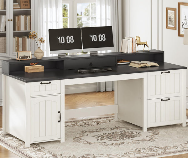 63-Inch Farmhouse Executive Desk with File Drawers, Monitor Stand & Storage Cabinet