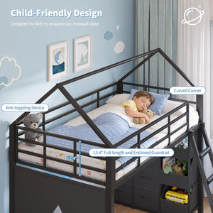 Twin Over Twin House Bunk Bed with LED Lights, Storage Drawers & Safety Guardrail