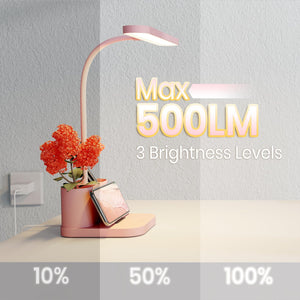 Pink Dimmable LED Desk Lamp with Gooseneck & Pen Holder