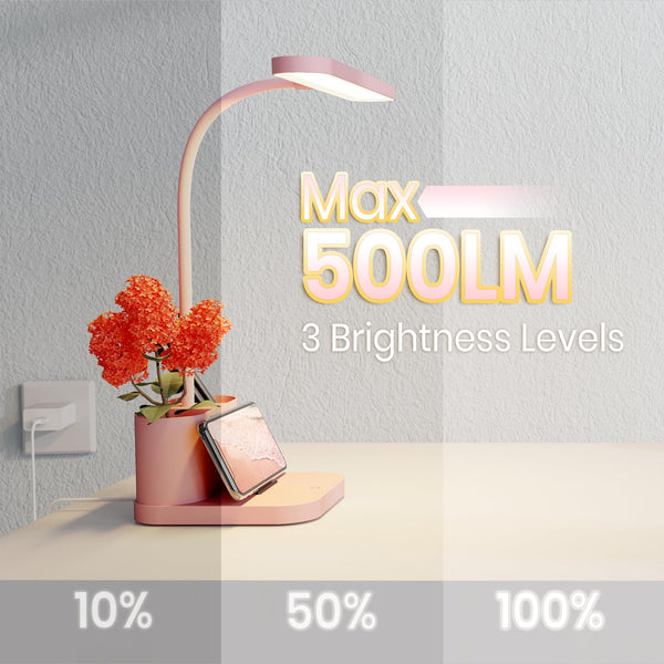 Pink Dimmable LED Desk Lamp with Gooseneck & Pen Holder