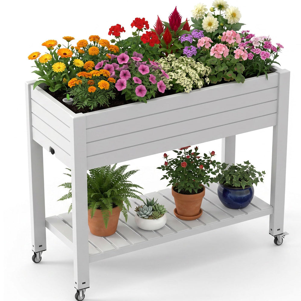 Raised Garden Bed with Wheels, Storage Shelf & Water Level Monitor