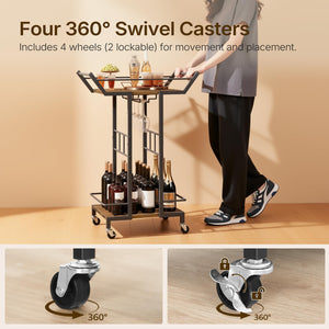3-Tier Bar Cart with Wine Glass Rack & Wheels
