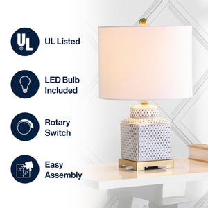 Ceramic Ginger Jar LED Table Lamp – Chinoiserie Fishnet Pattern, Linen Shade