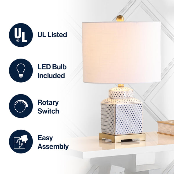 Ceramic Ginger Jar LED Table Lamp – Chinoiserie Fishnet Pattern, Linen Shade