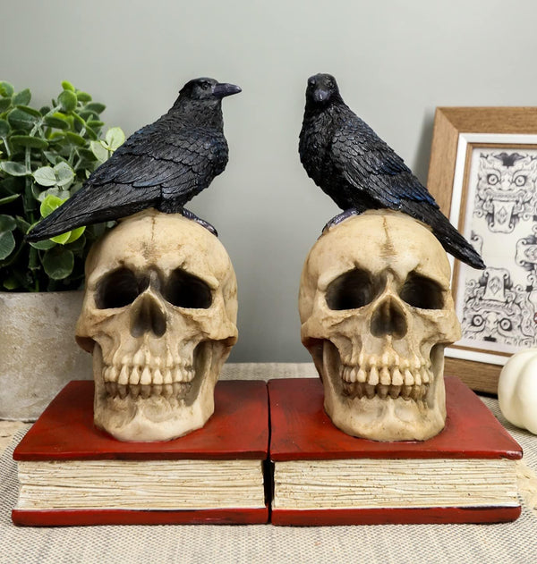 Gothic Raven Skull Bookends Set
