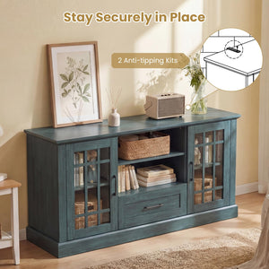 62-Inch Farmhouse TV Stand with Storage Cabinets and Glass Doors