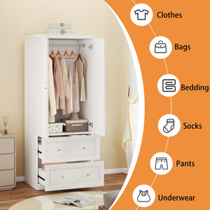 White Wardrobe Closet with Drawers, Hanging Rod & Shelves