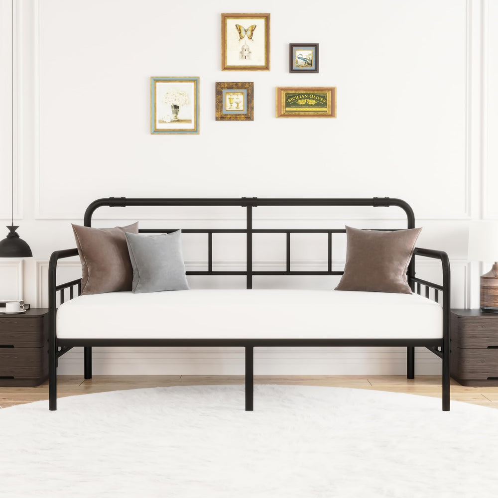 Metal Twin Daybed Frame with Modern Headboard and Steel Slats