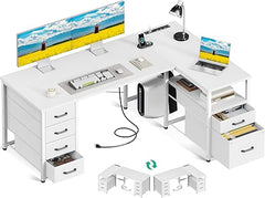 L-Shaped Corner Desk with Drawers & Power Outlet
