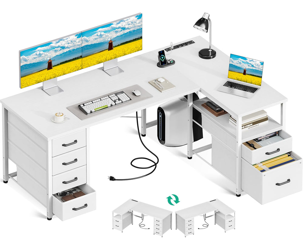 L-Shaped Corner Desk with Drawers & Power Outlet