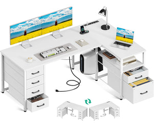 L-Shaped Corner Desk with Drawers & Power Outlet