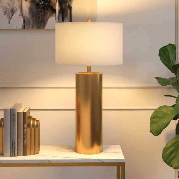 Mid-Century Modern Table Lamp with White Fabric Drum Shade