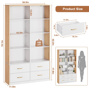 70" Tall Bookshelf with 4 Drawers & 6 Adjustable Shelves