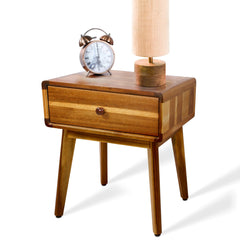 Mid-Century Acacia Wood Nightstand with Drawer