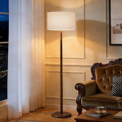 61" Rustic Walnut Wood Floor Lamp with Linen Shade