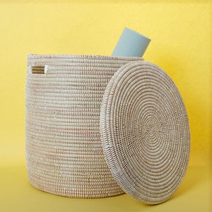 Hand-Woven Cylindrical Storage Basket with Removable Lid