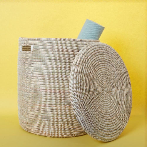 Hand-Woven Cylindrical Storage Basket with Removable Lid