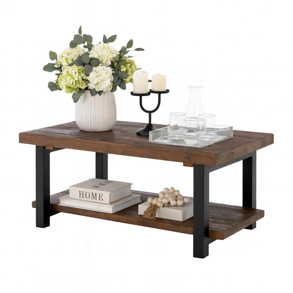 42-Inch Rectangular Solid Wood Coffee Table with Storage Shelf