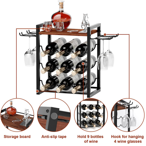 Countertop Wine Rack with Glass Holder and Wooden Tray