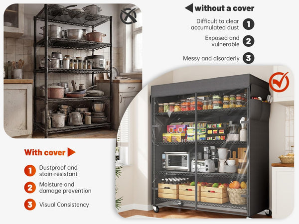 45" Wire Storage Shelves with Cover & Wheels – 5-Tier Metal Rack