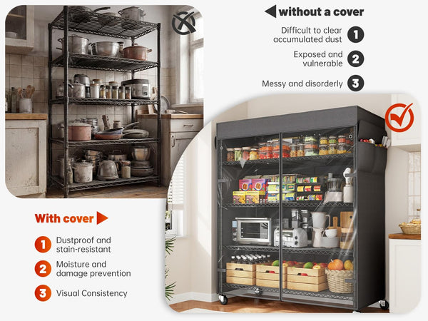 45" Wire Storage Shelves with Cover & Wheels – 5-Tier Metal Rack