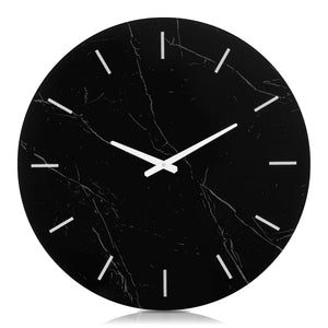 Large Round Wall Clock – Black Marble Glass, Silent Quartz, 23.62"