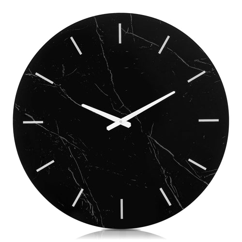Large Round Wall Clock – Black Marble Glass, Silent Quartz, 23.62"