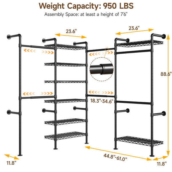 Wall Mounted Industrial Pipe Clothing Rack with 6 Rods & 8 Shelves