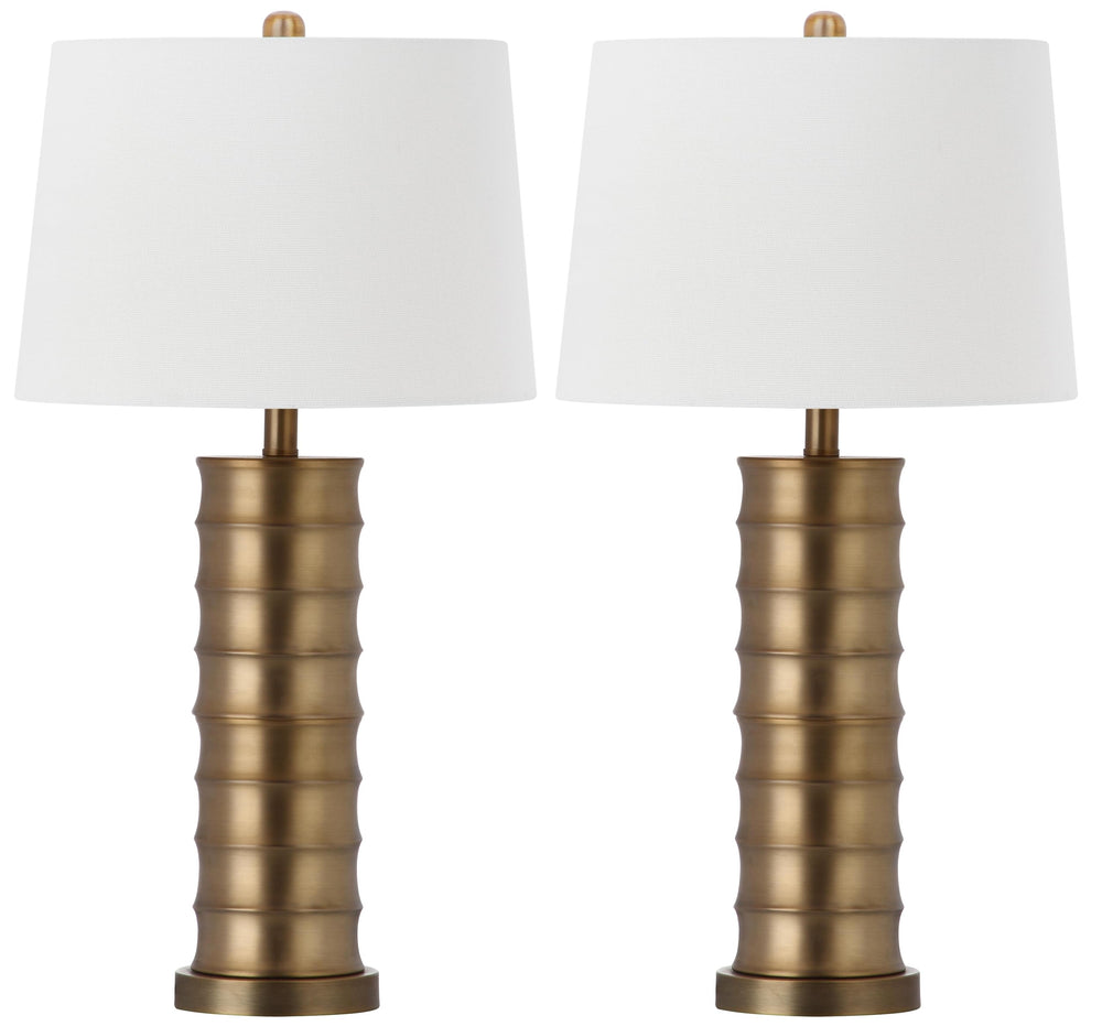 Brass Column Table Lamp Set of 2 — Gold Metal Base with White Shade