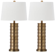 Brass Column Table Lamp Set of 2 — Gold Metal Base with White Shade