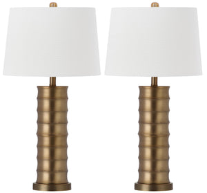 Brass Column Table Lamp Set of 2 — Gold Metal Base with White Shade