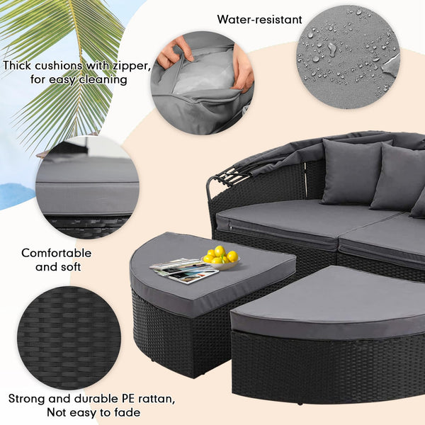 Outdoor Patio Canopy Daybed with Wicker Sofa Set
