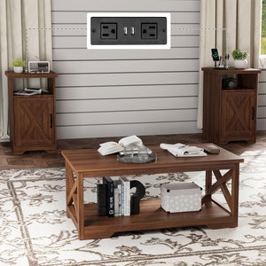 Farmhouse Rustic Coffee & End Table Set of 3 with Charging Station