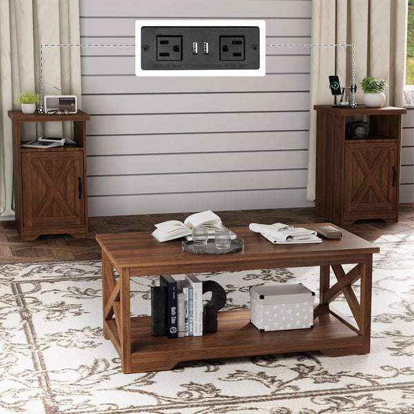 Farmhouse Rustic Coffee & End Table Set of 3 with Charging Station