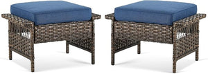 Patio Ottoman Set of 2 – All Weather Outdoor Rattan Footstools with Removable Cushions