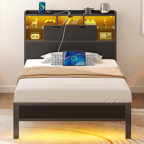 Platform Bed Frame with Storage Headboard, LED Lights & Charging Station