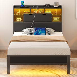 Platform Bed Frame with Storage Headboard, LED Lights & Charging Station