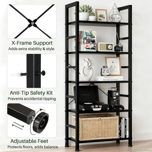 5-Tier Industrial Bookshelf with Metal Frame